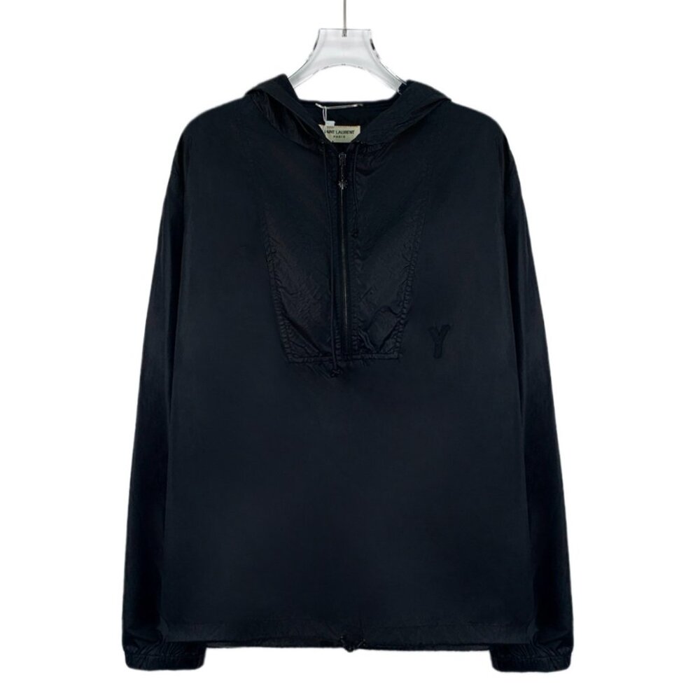 Yves Saint Laurent Black embroidered logo cotton half-zip hooded jacket